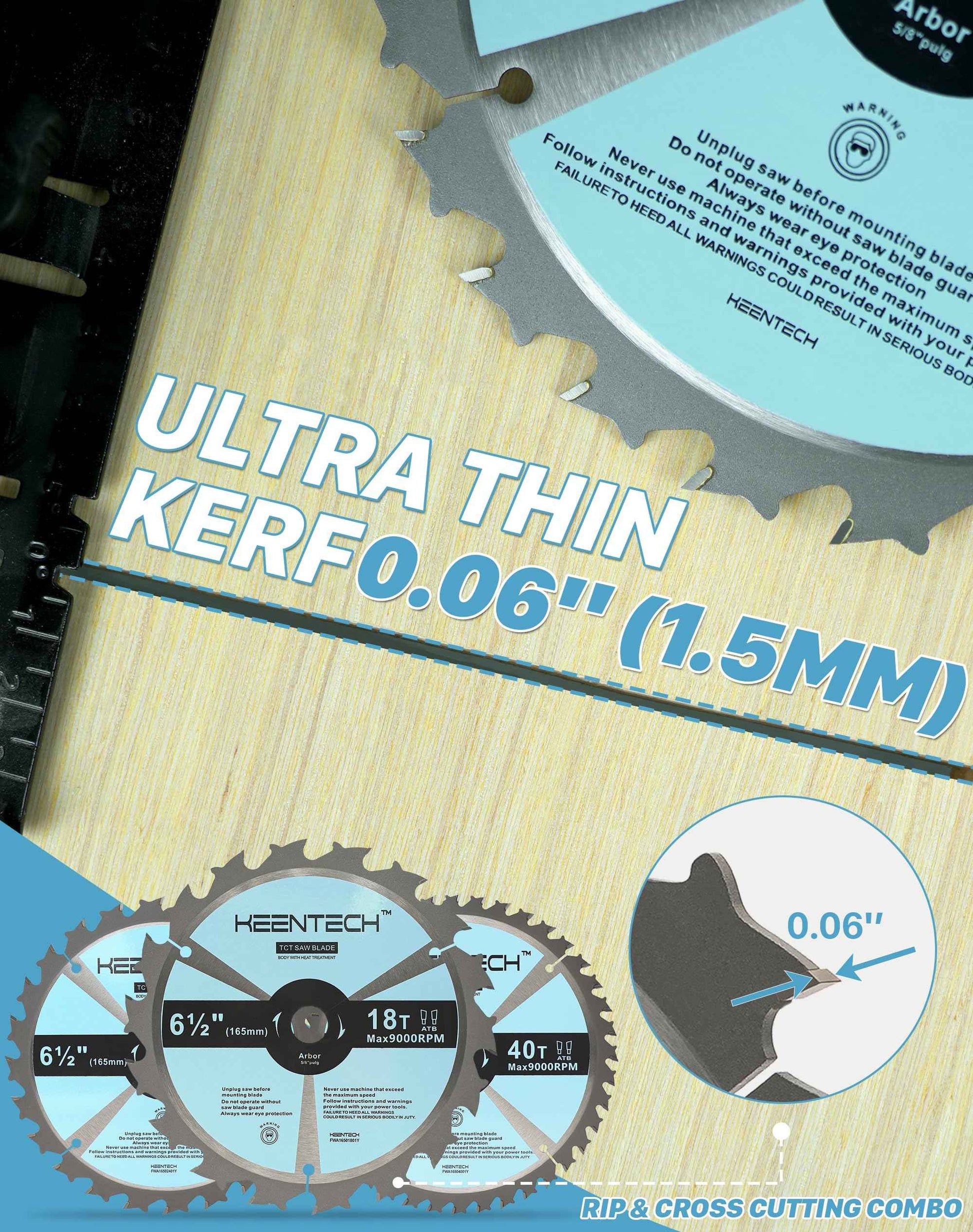 KEENTECH 6-1/2 Inch Woodworking Circular Saw Blade 18T / 24T / 40T 3-Pack, Tungsten Carbide Tipped, ATAF Grind, 5/8 Inch Bore
