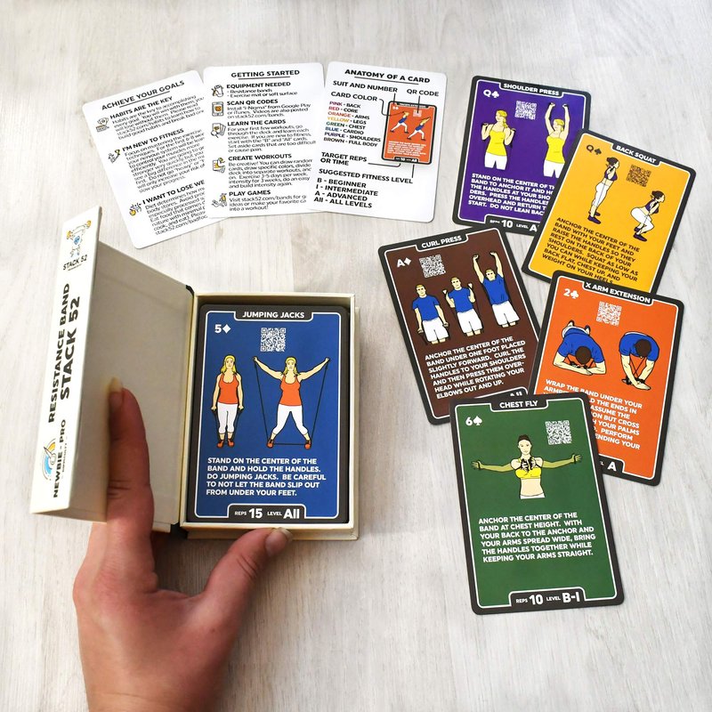 Stack 52 Resistance Band Exercise Cards. Exercise Band Workout Playing Card Game. Video Instructions Included. Home Fitness Training Program for Elastic Rubber Stretch Band Sets. (Updated Deck)
