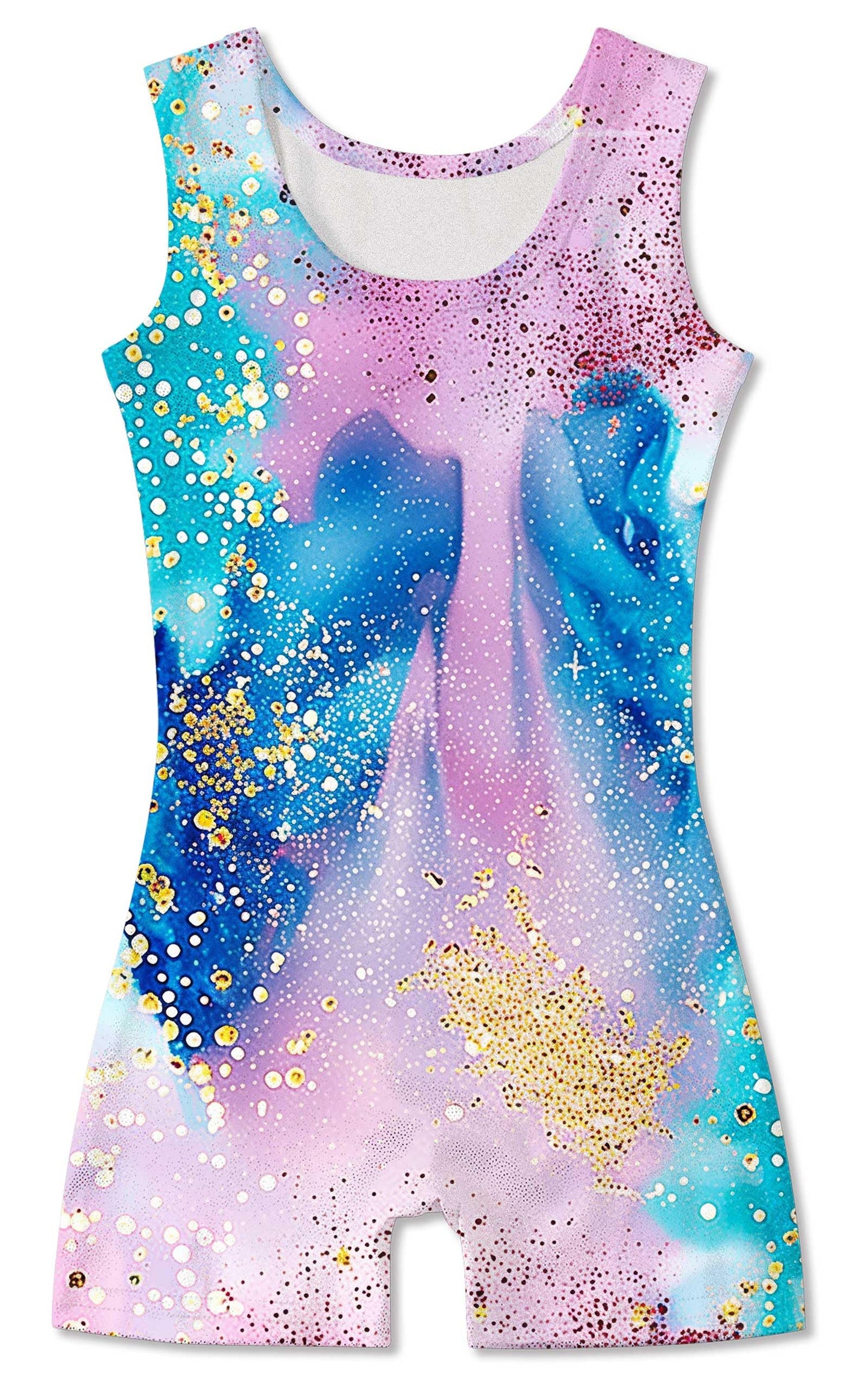 Funnycokid Gymnastics Leotards for Girls Dance Clothes Sparkly Outfits Unitard with Shorts, Diamond Blue Pink, 7-8 Years