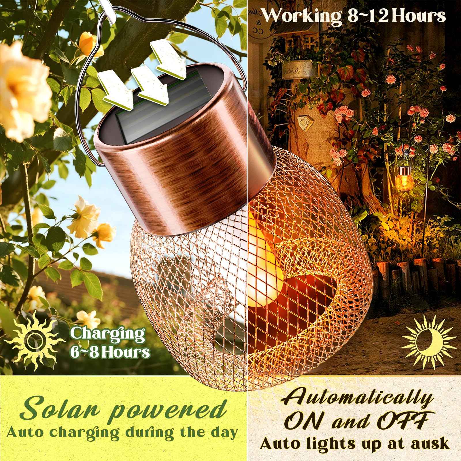 Anordsem Solar Hanging Lights Outdoor: 4 Metal Mesh Flame Lanterns with Clip - Waterproof LED Warm Lighting for Tree Yard Garden Xmas DIY Decor - Christmas Gifts for Homeowners Camper