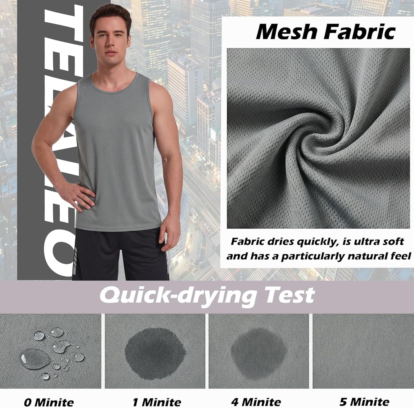 TELALEO Men's Workout Tank Tops - Quick Dry Sleeveless Mesh Gym Shirts | 5 Pack in Black, Gray, Charcoal, Navy, Blue