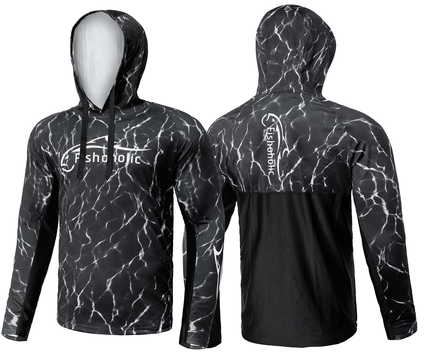 Fishoholic UPF 50 Performance Fishing Shirt - Long Sleeve Hoodie - Loose Keg Fit - Breathable Quick Dry Sun Protection (LSH-BLKh2o-XXL)