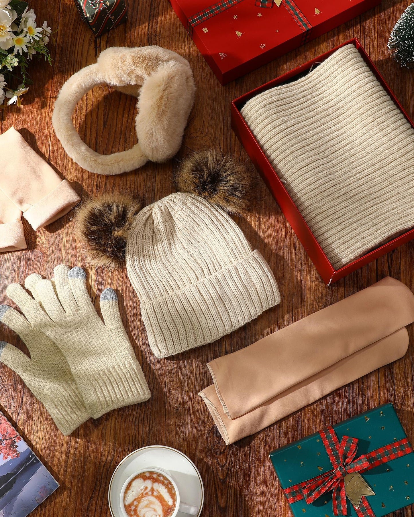 Geyoga 6 Pcs Winter Warm Knit Hat Long Scarf Touchscreen Gloves Ear Muffs Socks Sets, Winter Warm Gifts for Women (Beige,Striped-No Fleece)