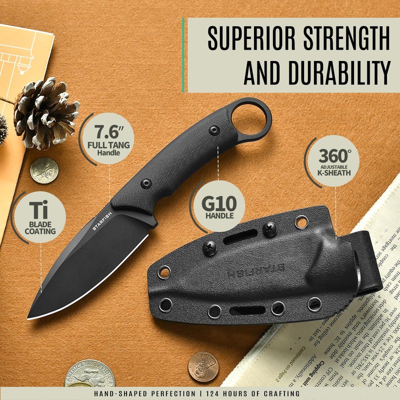 STARFISH 3.5” Full Tang Fixed Blade Knife, DC53 Steel Titanium Coating Blade G10 Handle Bowie Knives with Sheath for Camping, Hiking, Survival