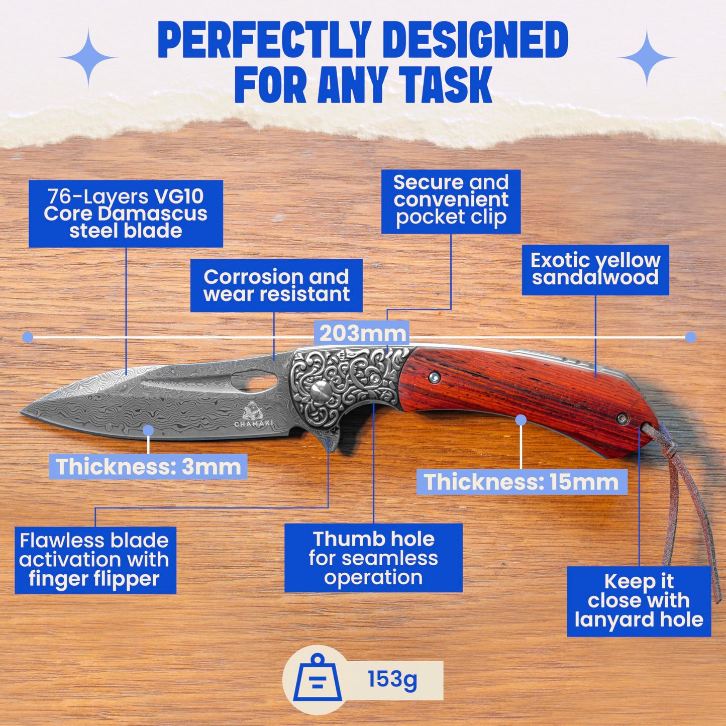 Damascuse Steel Pocket Knife with Leather Sheath - Fashionable Design Sandal Wood Handle 76 Layers VG10 Manual Damascus Folding Knife Sandel Wood Handle Collect Strong and Elegant Outdoor Pocket Knife