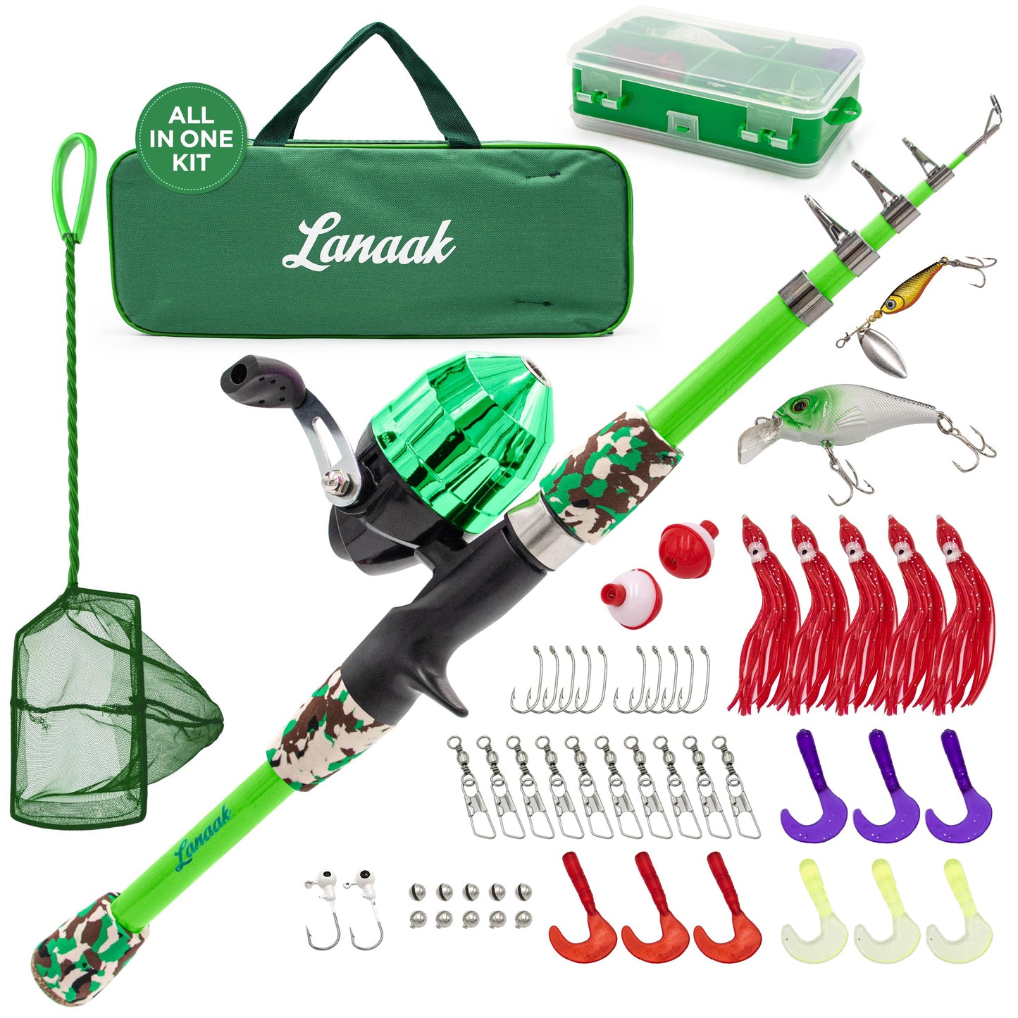 Lanaak Beginner Kids Fishing Pole & Tackle Box - Camo Green Fishing Rod