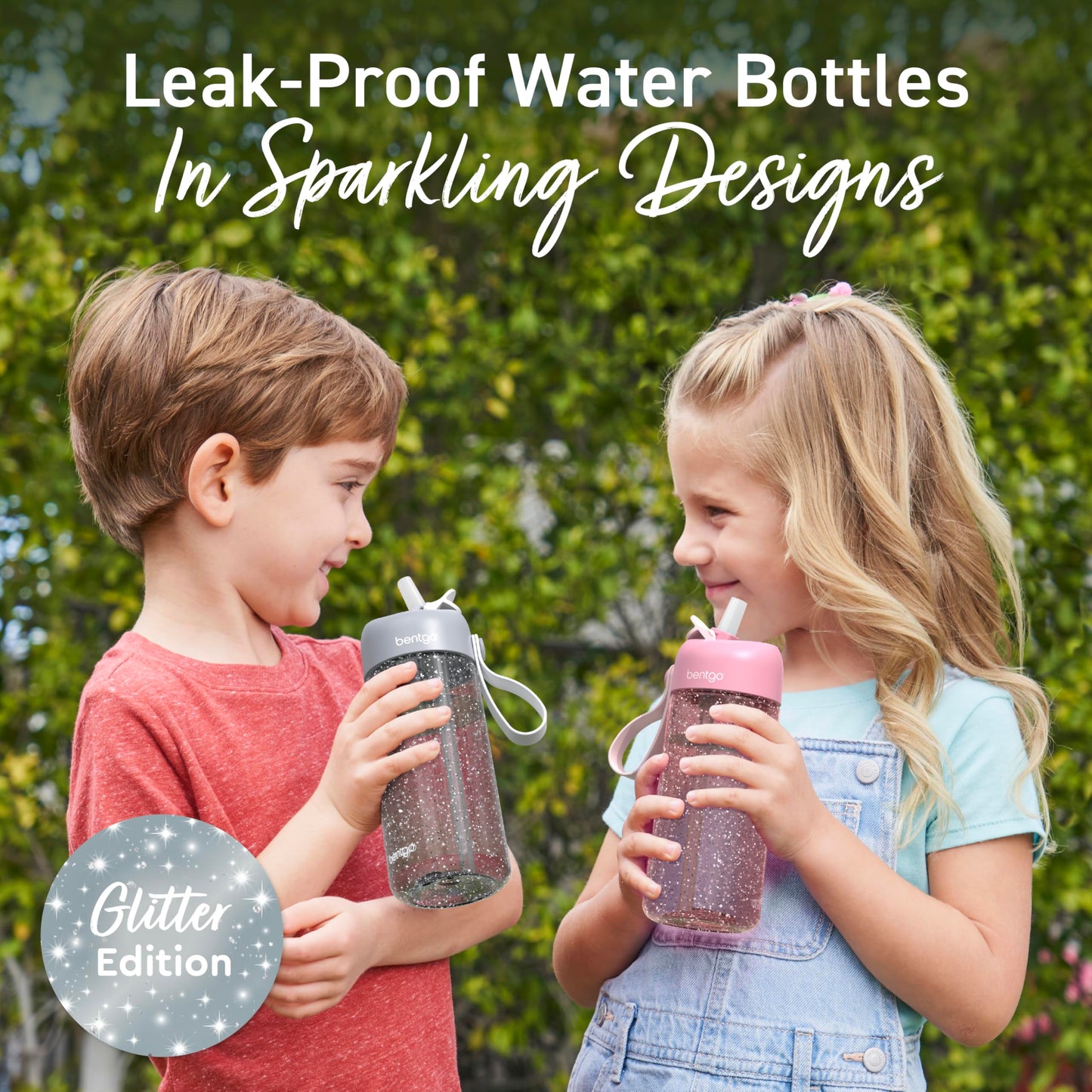 Bentgo Kids Water Bottle - Leak-Proof, Durable Tritan, BPA-Free 15 oz. Cup for Kids/Toddlers Ages 3+, Bite & Sip Spout, Carrying Handle, & Dishwasher Safe for School (Glitter Edition - Silver)