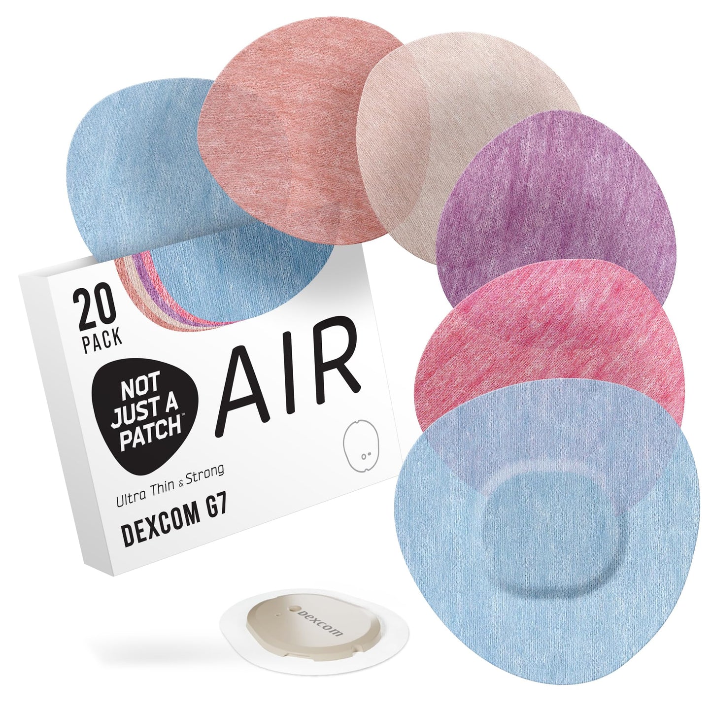 Not Just A Patch Air Dexcom G7 Adhesive Patches, Waterproof & Sweatproof Sensor Covers for Dexcom g7 & Stelo CGM, Stays Secure for 15 Days, Thin & Breathable, 20 Pack, Multicolor