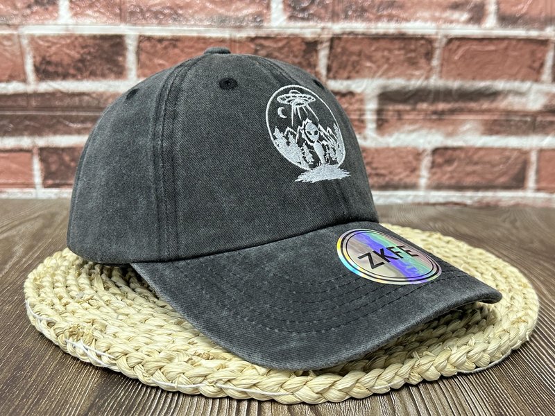 ZKFE Embroidered Alien Under The Moon UFO Hat for Men Women, Washed Black Adjustable Cotton Embroidery Snapback Hat Baseball Cap