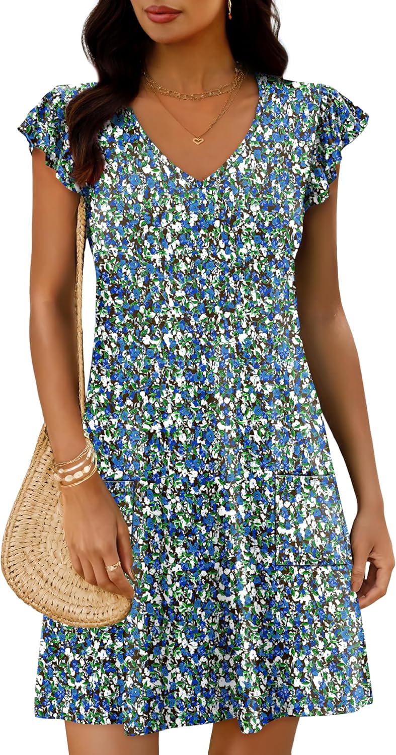OFEEFAN Women's Summer Dresses - Ruffle Sleeve V-Neck Loose Swing Sundress with Pockets | Plain & Print Options