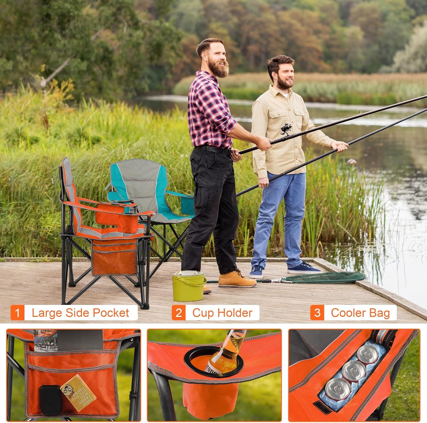 Skiennix Padded Oversized Camping Chairs - Heavy Duty 400 Lbs Support | Folding Portable with Cup Holder & Cooler Bag (Orange & Blue)