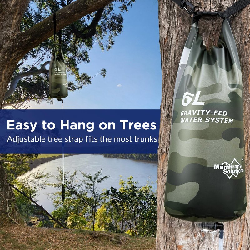 Membrane Solutions Gravity Water Filter Pro 6L, NSF/ANSI 42&372&401 Certified, 0.1 μm Versatile Water Purifier Camping with Adjustable Tree Strap Storage Bag, Survival Gear for Emergency(Camo)