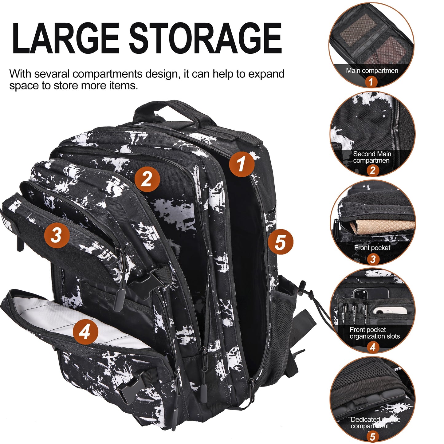 LHI Tactical Military Backpack for Men and Women 45L Large Molle Army Assault Pack 3 Day Travel Backpacks - Black lightning