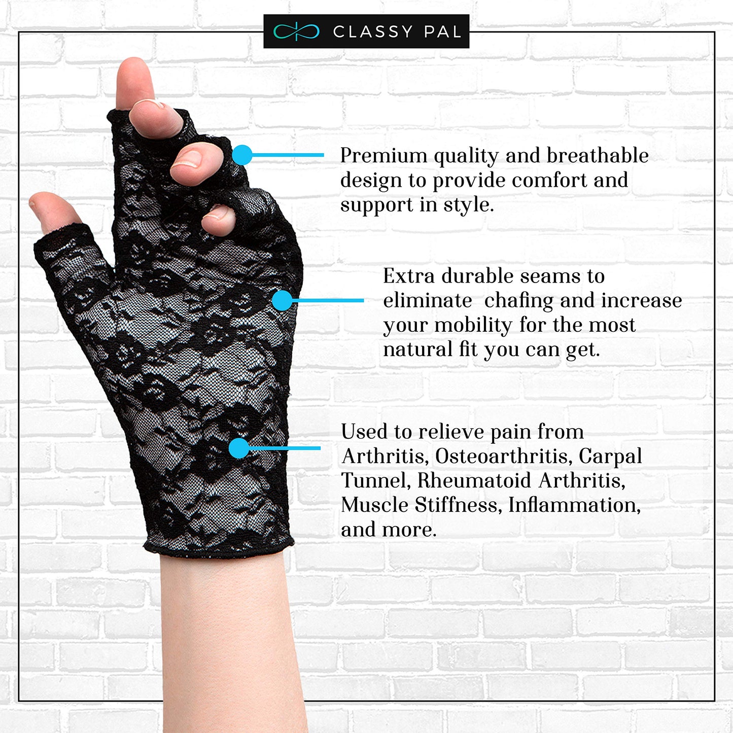 Classy Pal Compression Gloves for Arthritis for Women & Men, Typing Gloves for Neuropathy Hand Pain Relief from Rheumatoid, Raynauds, Carpal Tunnel & Lymphedema, Fingerless, Comfy, Cotton (Lace, S)