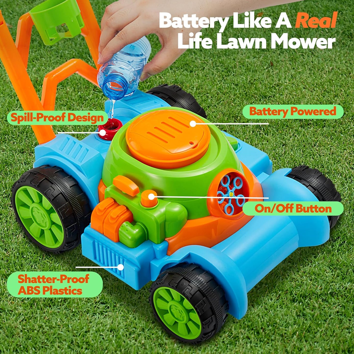 SLOOSH Bubble Lawn Mower - Spill-Proof Bubble Machine for Toddler Gardening Play | Blue, Ages 1-3