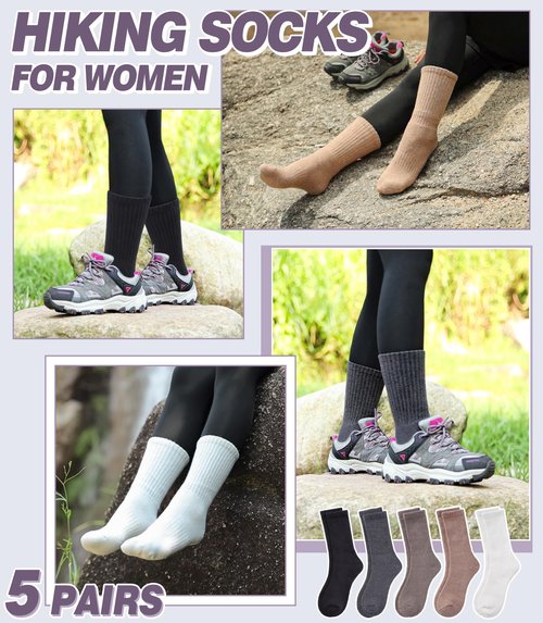 DYW Merino Wool Hiking Socks for Women Men Thermal Warm Winter Boot Crew Cushion Work Ladies Socks 5 Pairs Black/Dark Grey/White/Khaki/Coffee,Medium