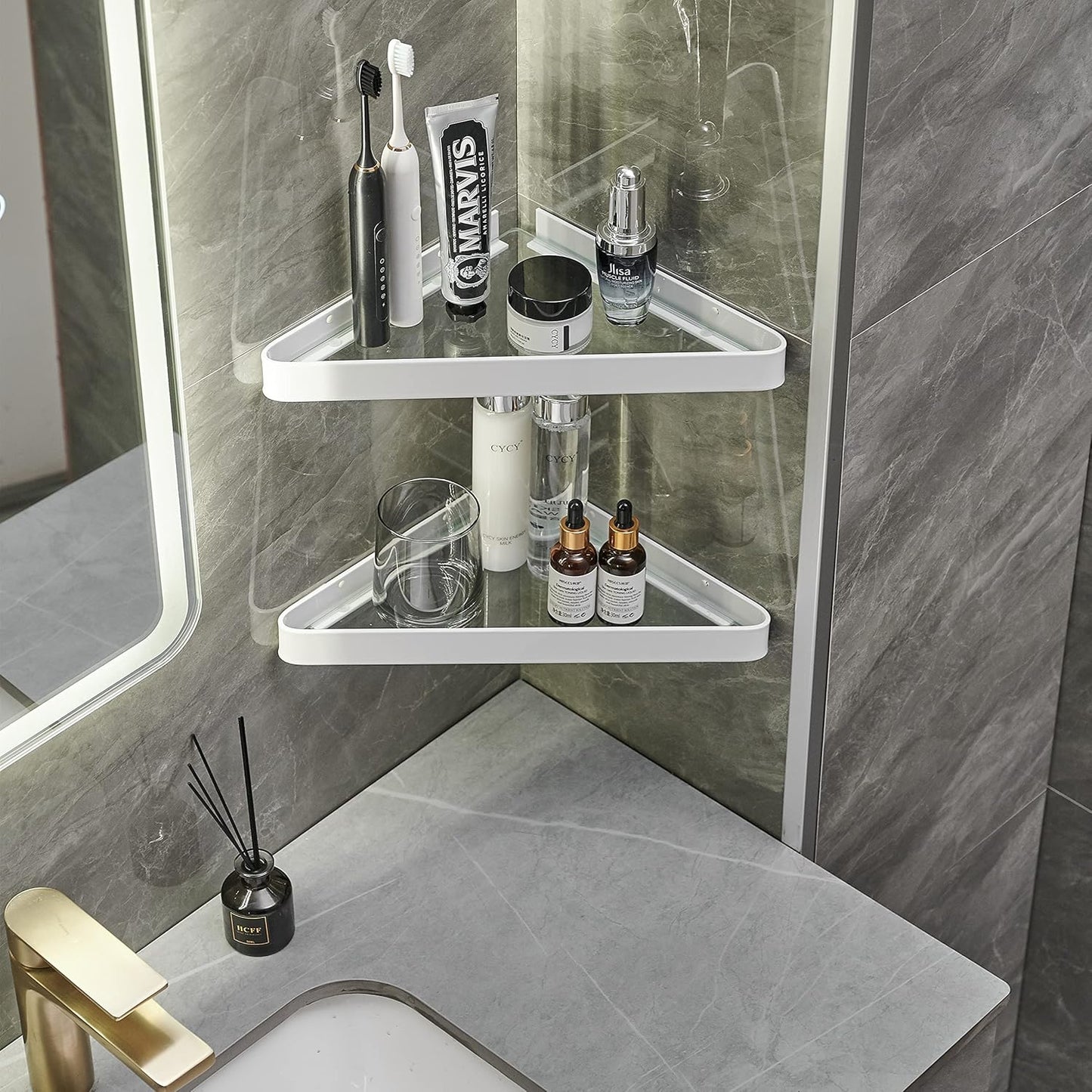 Wall Mounted Glass Bathroom Shelves - 2-Tier Floating Organizer in Black