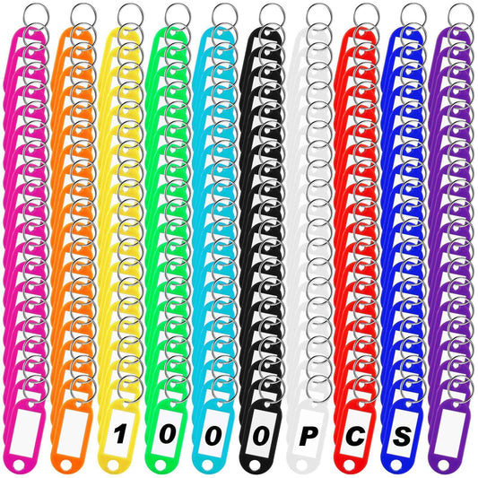 Kigeli 1000 Pcs Plastic Key Tags with Label Window 10 Assorted Colorful Key Ring Tags Key Labels Tags for ID Name Split Ring Keychain Luggage Travels Home Office Classification Gifts Favors Supplies