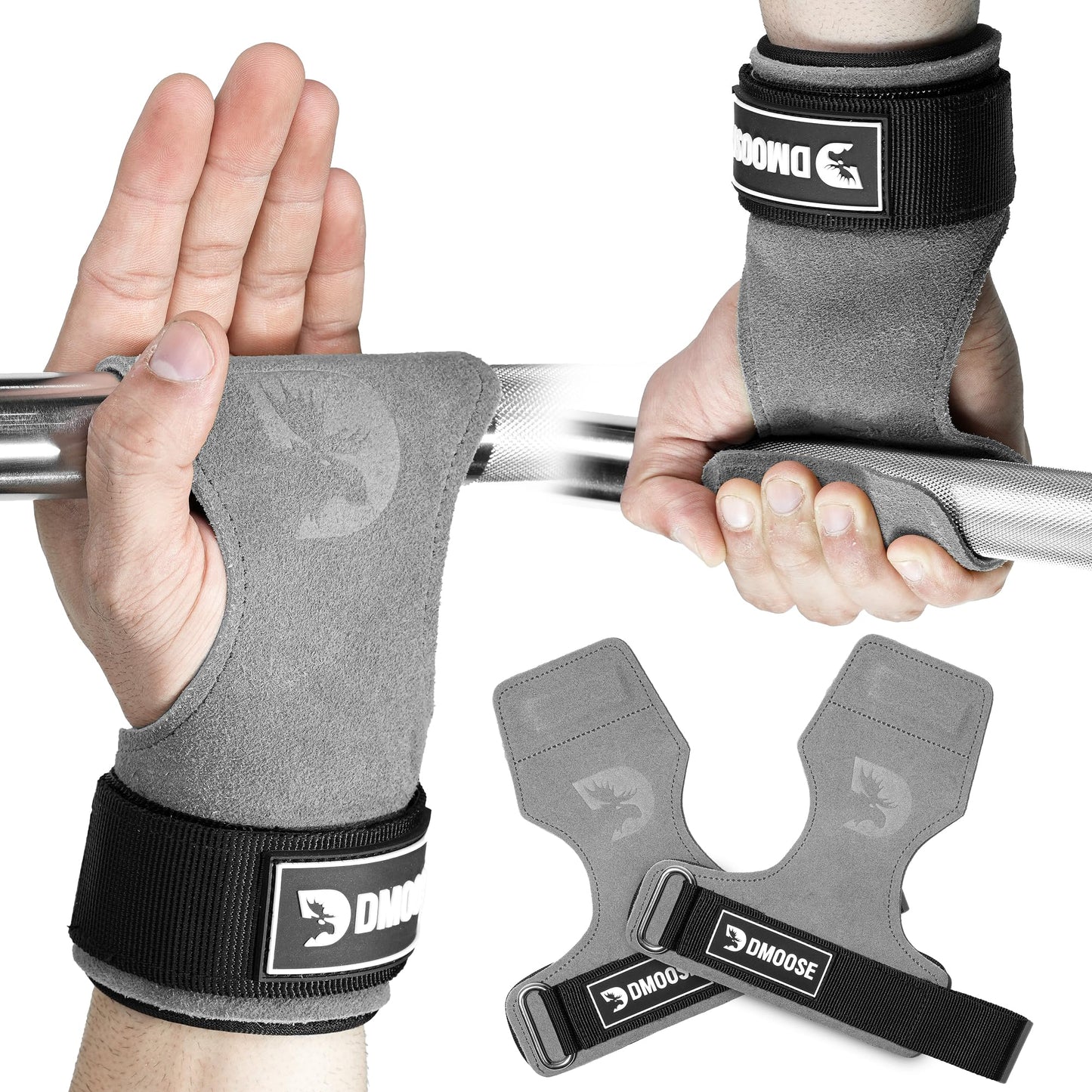 DMoose Fitness Weight Lifting Grips - Anti Slip Neoprene Padded Gym Straps for Powerlifting, Cross Training & Pullups - Wrist Support Grips for Deadlifts & Weight Lifting (Gray)