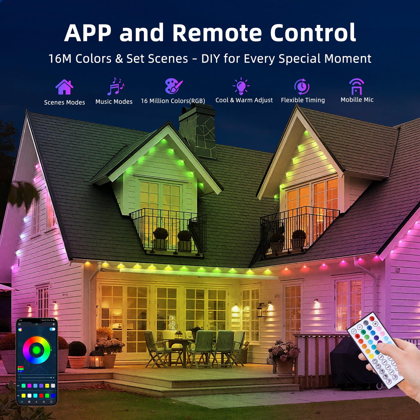 150FT Permanent Outdoor Lights, RGB LED Eaves Lights with App/Remote Control,Waterproof Smart String Lights for Christmas and All Holiday Decor,Daily and Party Lighting,House Roof and Garden Lighting