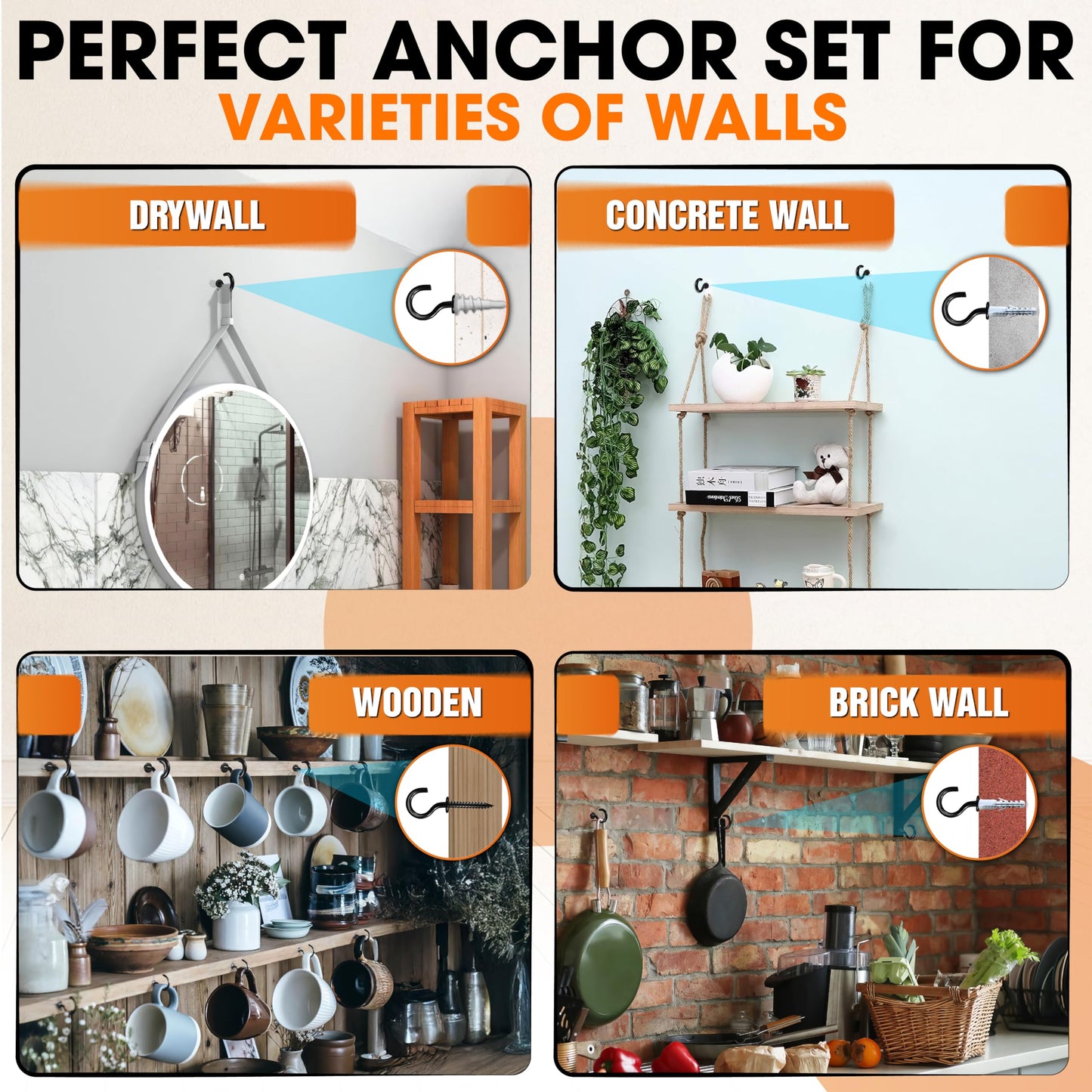 X-CUIRASS [Upgraded] 10 PCS Screw Hooks with Self-Drilling Drywall Anchors, Plastic Expansion Tubes Included, Heavy Duty Eye Hook, Screw in Hook for Hanging Plants, String Lights, Cup, Key