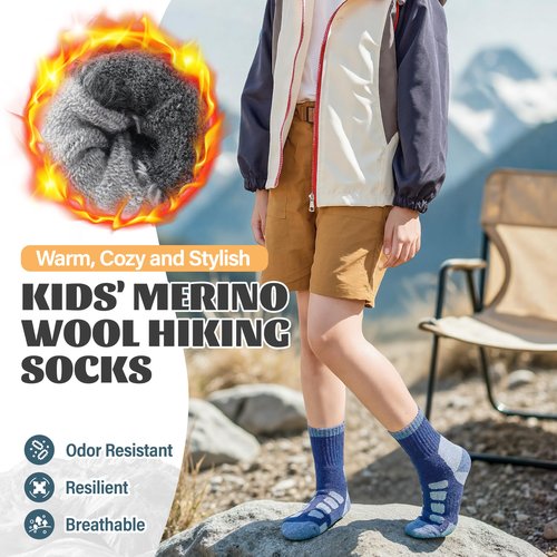 Anlisim Kids Merino Wool Hiking Socks Boys Girls Toddlers Thermal Winter Warm Boot Thick Cushion Gift Socks 6 Pairs(Blue Check,8-12 Years)