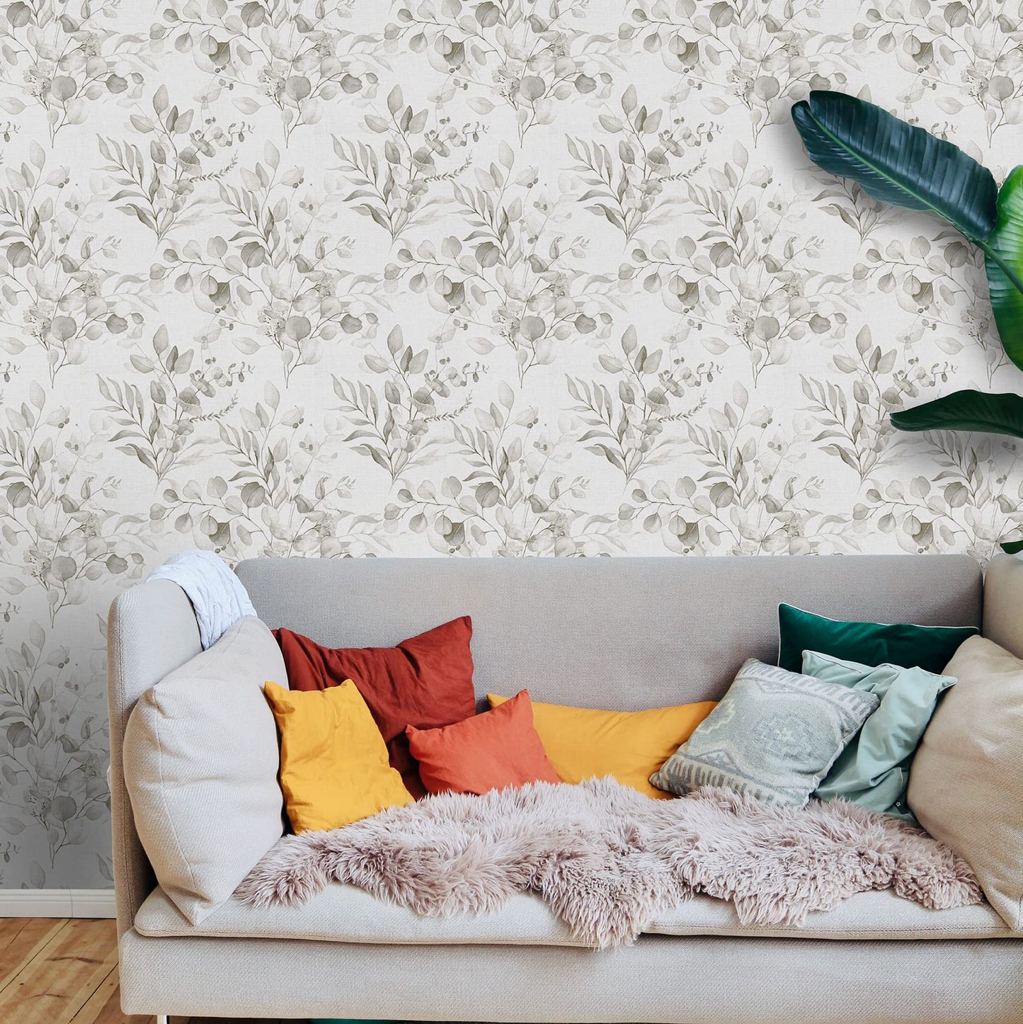 Naphite Floral Wallpaper Peel and Stick Wallpaper for Bedroom 118inL17.3inW Grey Floral Boho Contact Paper for Cabinets Drawer Self Adhesive Removable Farmhouse Contact Paper Eucalyptus Leaf Nursery