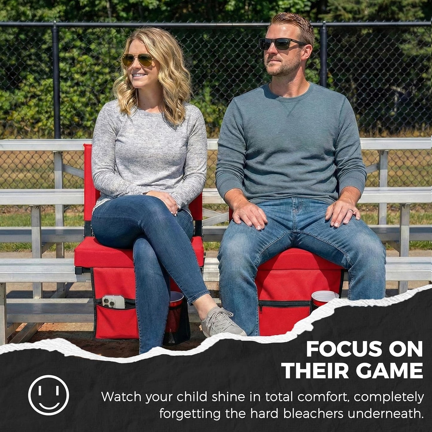 Sport Beats Stadium Seats - Comfortable Bleacher Chairs with Back Support & Cushion | Red, 2-Pack - 17" W x 12" D x 16.5" H