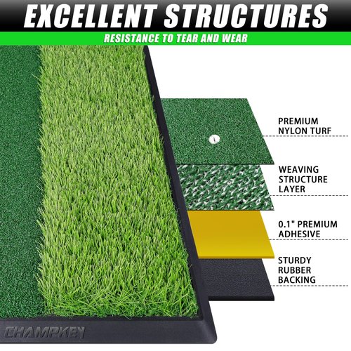 CHAMPKEY 17" x 24" High Performance Nylon Dual-Turf Golf Hitting Mat - Rubber Backing Golf Pracitce Mat - Come with 1 Rubber Tee Holder and 9 Plastic Golf Tees (17" x 24")