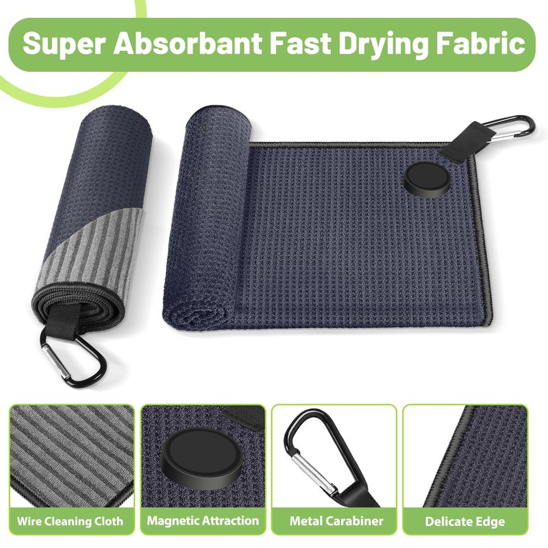 2 Pack Magnetic Golf Towels with Clips, Steel Wire Cleaning Cloth, Ultra Absorbent Microfiber, Waffle Pattern Golf Towel with Magnet for Men Women, Golf Accessories for Golf Bags, Carts or Clubs