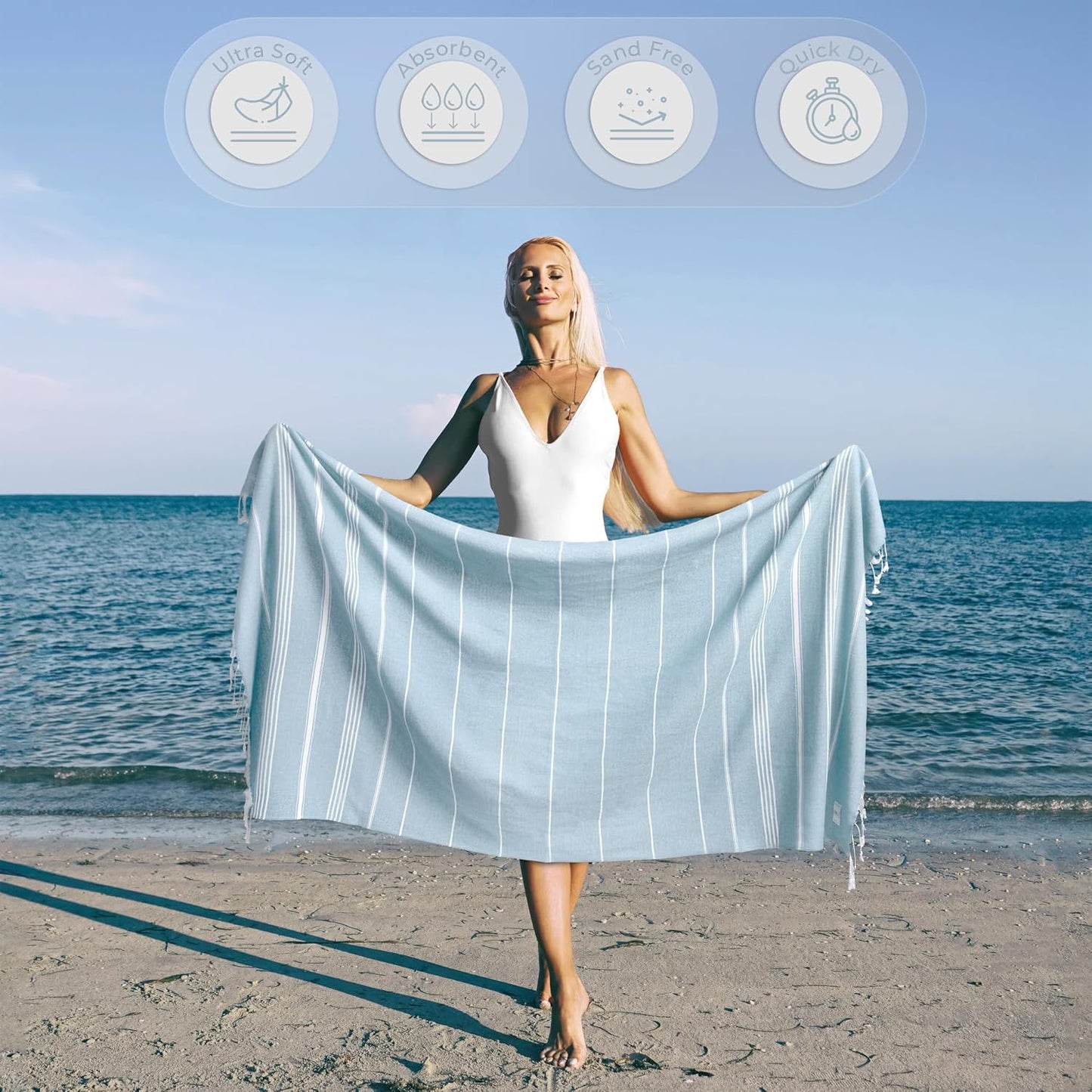 Turkish Beach Towel - Quick Dry & Absorbent Oversized (39" x 71") | Versatile Travel Blanket, Gym & Pool Towel - Baby Blue
