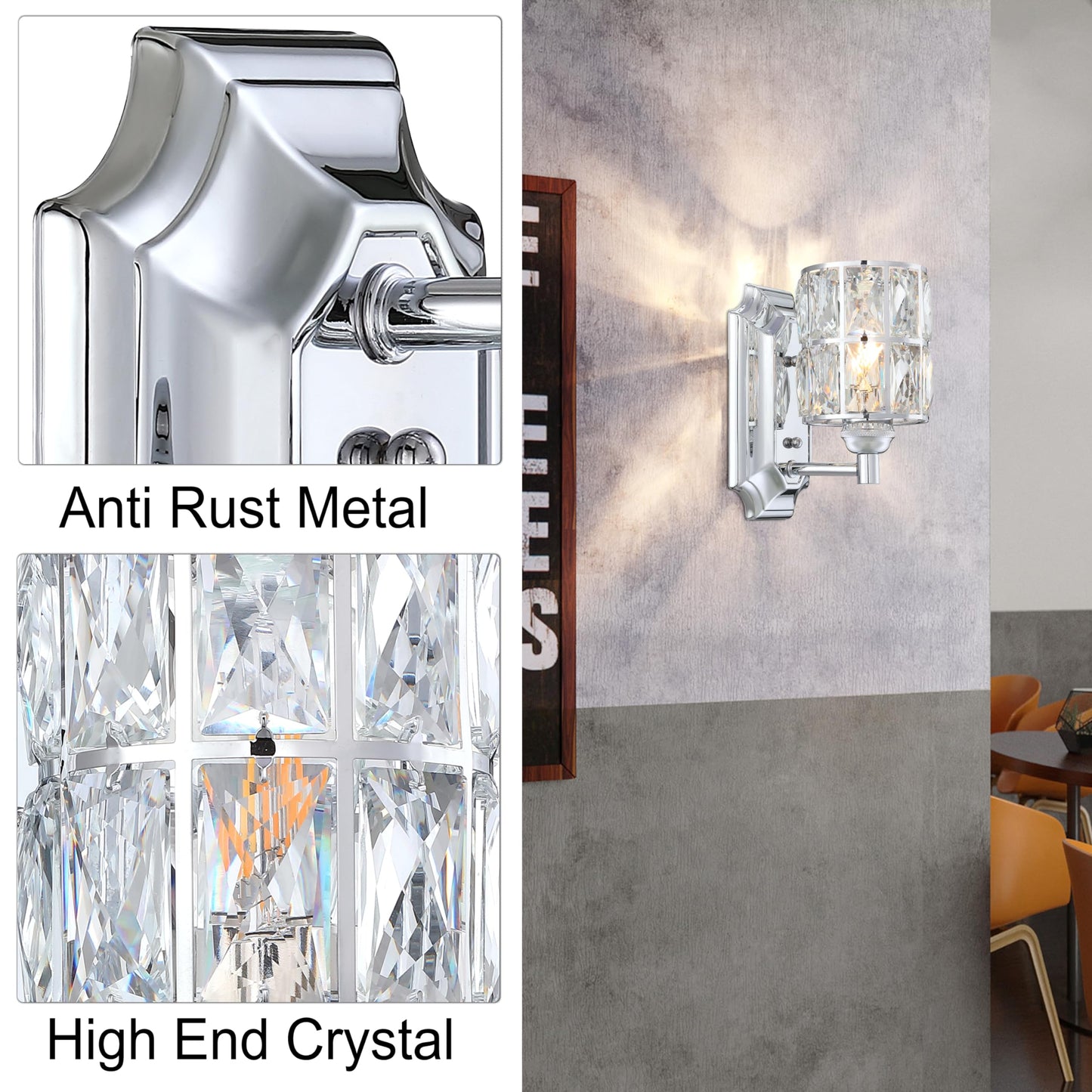 2 Pack 1 Light Crystal Wall Sconce Lighting with Chrome Finish,Modern and Concise Style Wall Light Fixture Polyhedral Crystal Shade for Bathroom, Bedroom Living Room Kitchen Island