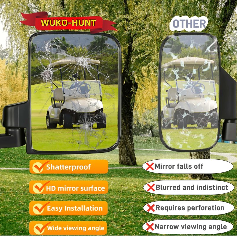 WUKO HUNT Golf Cart Side Mirrors - No Drilling Extra Large HD Glass, Universal Fit for EZGO, Yamaha, Club Car & EPI. 180° Adjustable Folding Rear View Mirrors with 3 Size Clips