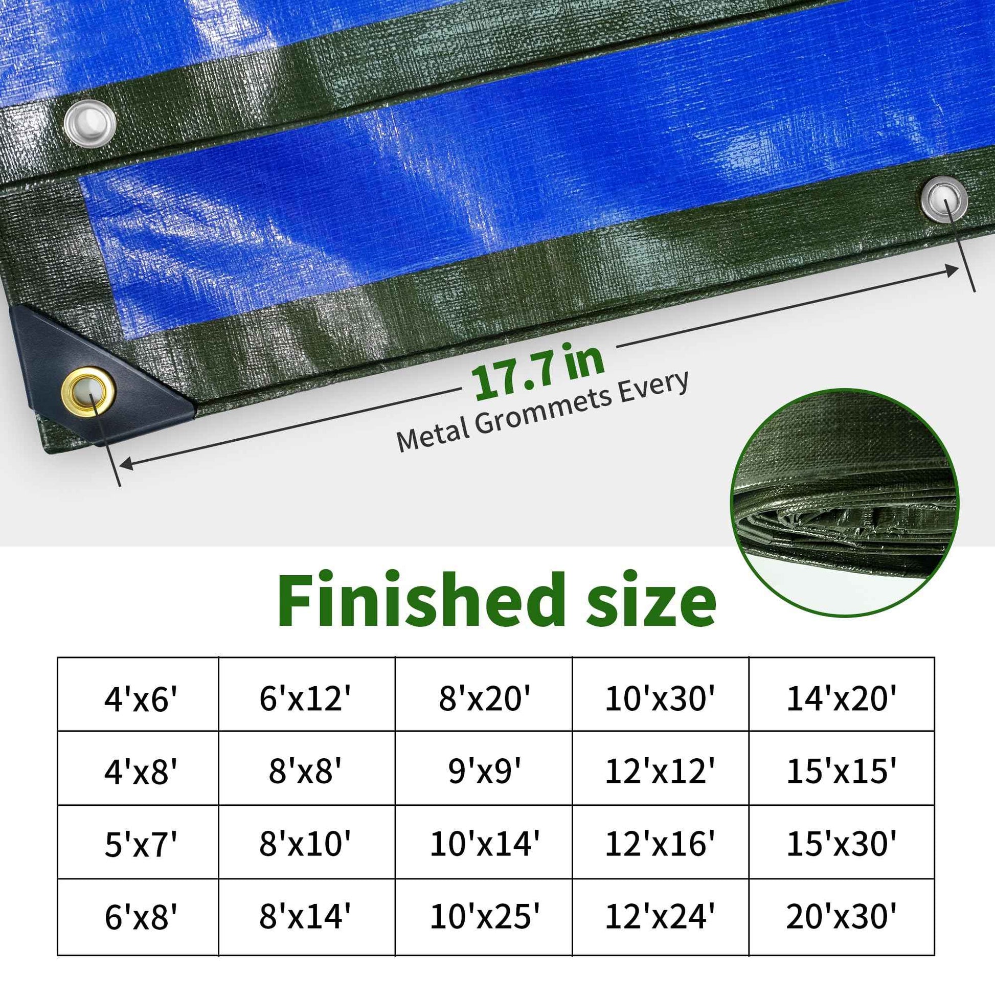 TARPAL 4x8FT Heavy Duty Waterproof Tarp 16mil Thick Tarps with Metal Grommets Every 17.7" UV Protection&Tear -Resistant Cover for Firewood,Roof,Pool,Car,RV&Outdoor Furniture（Green/Blue）