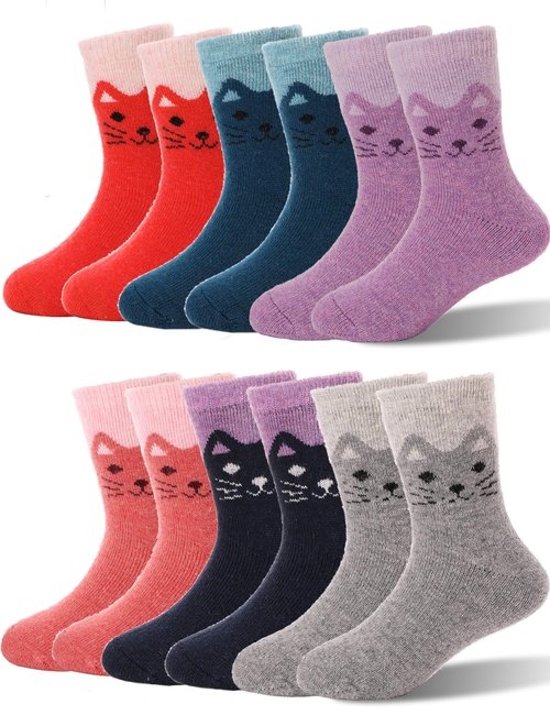 EBMORE Kids Merino Wool Socks for Toddlers Boys Girls Warm Thermal Winter Thick Hiking Heavy Cozy Crew Boot Socks Gift Stocking Stuffer 6 Pairs(Cat Face,1-3 Y)