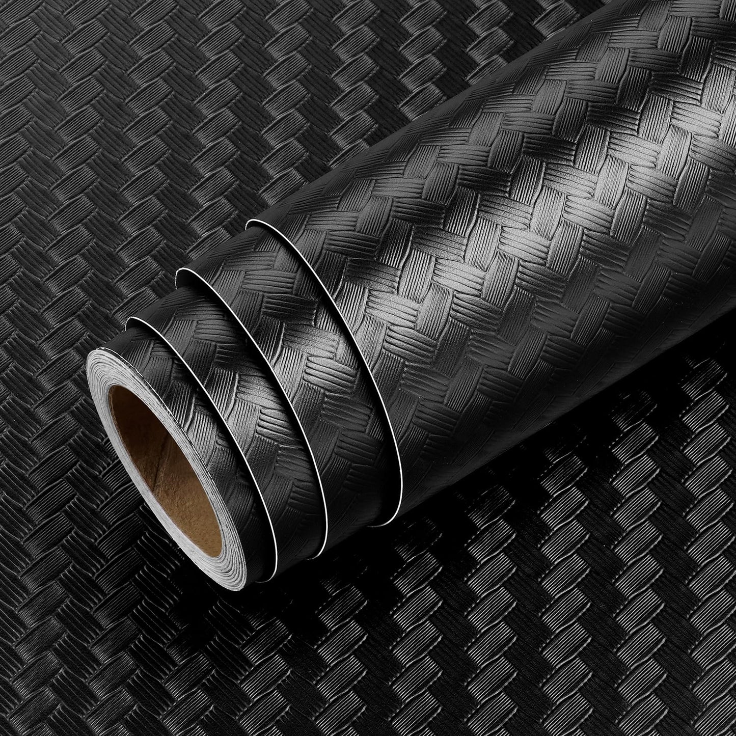 Livelynine Textured Rattan Wallpaper Black Peel and Stick Wall Paper for Bathroom Kitchen Cabinet Covering Waterproof Black Contact Paper for Cabinets 15.8x78.8 Modern Matte Basket Weave Pattern