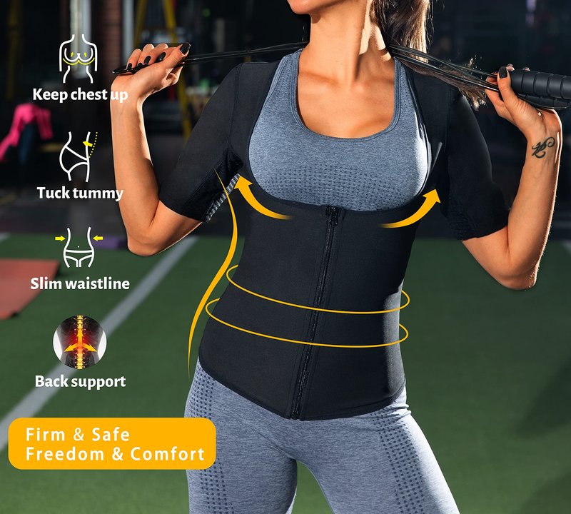 QZSH Women Sauna T-Shirt Sweat Vest Heat Trapping Suit Slimming Tank Top Zipper,Armpit Mesh(TBH6005-07-XXXL)