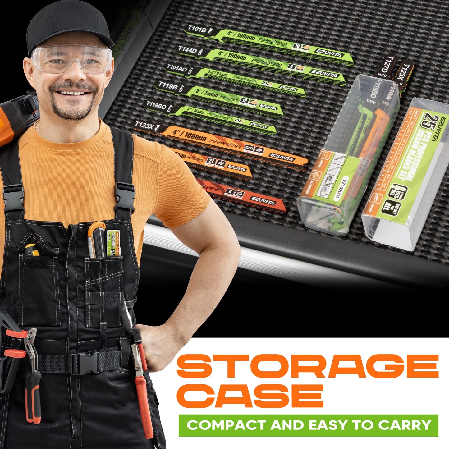 EZUVITA 25-Piece Jigsaw Blades Set with Storage Case–CR-V&HSS Steel, Assorted T-Shank Replacement Jig Saw Blades for Cutting Wood, Plastic and Metal