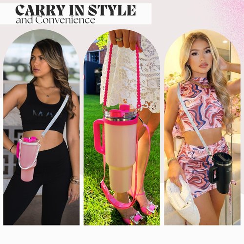 Water Bottle Tumbler Stanley Cup Strap and Handle Carrying Accessories Pink Prism Strap with Pink Silicone Handle – fits Universal 8 – 30/40 oz Bottle Sizes