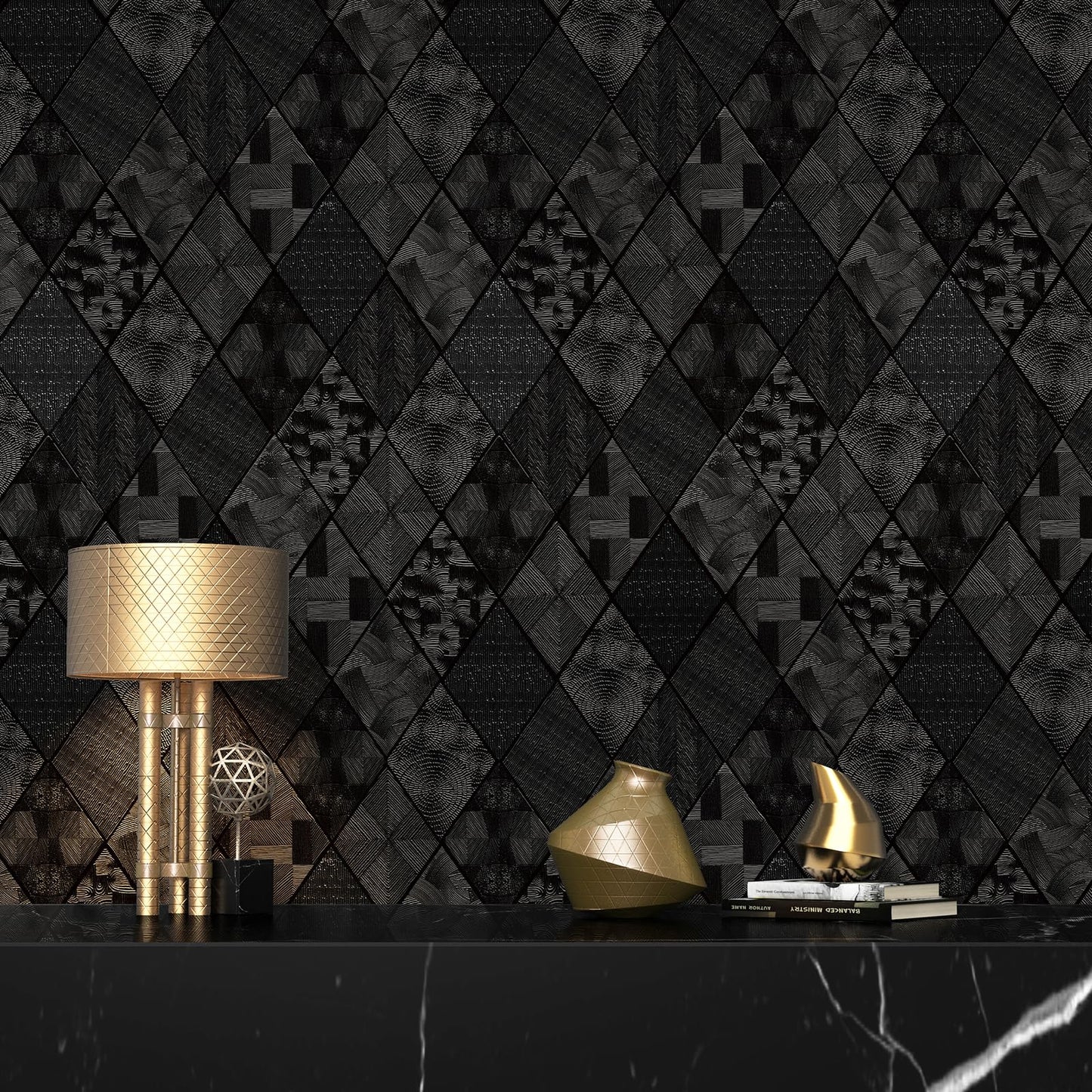 Zeeko Black Textured Peel and Stick Wallpaper 3D Embossed Geometric Linear Contact Paper Removable Waterproof Wall Paper 17.3" x 80"