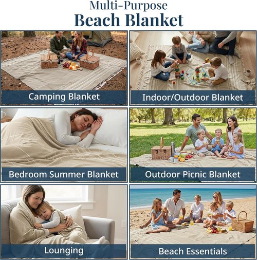 LANE LINEN Picnic Blanket - Sandproof Turkish Beach Blanket, Lightweight & Quick-Dry, 82"x82", Beige