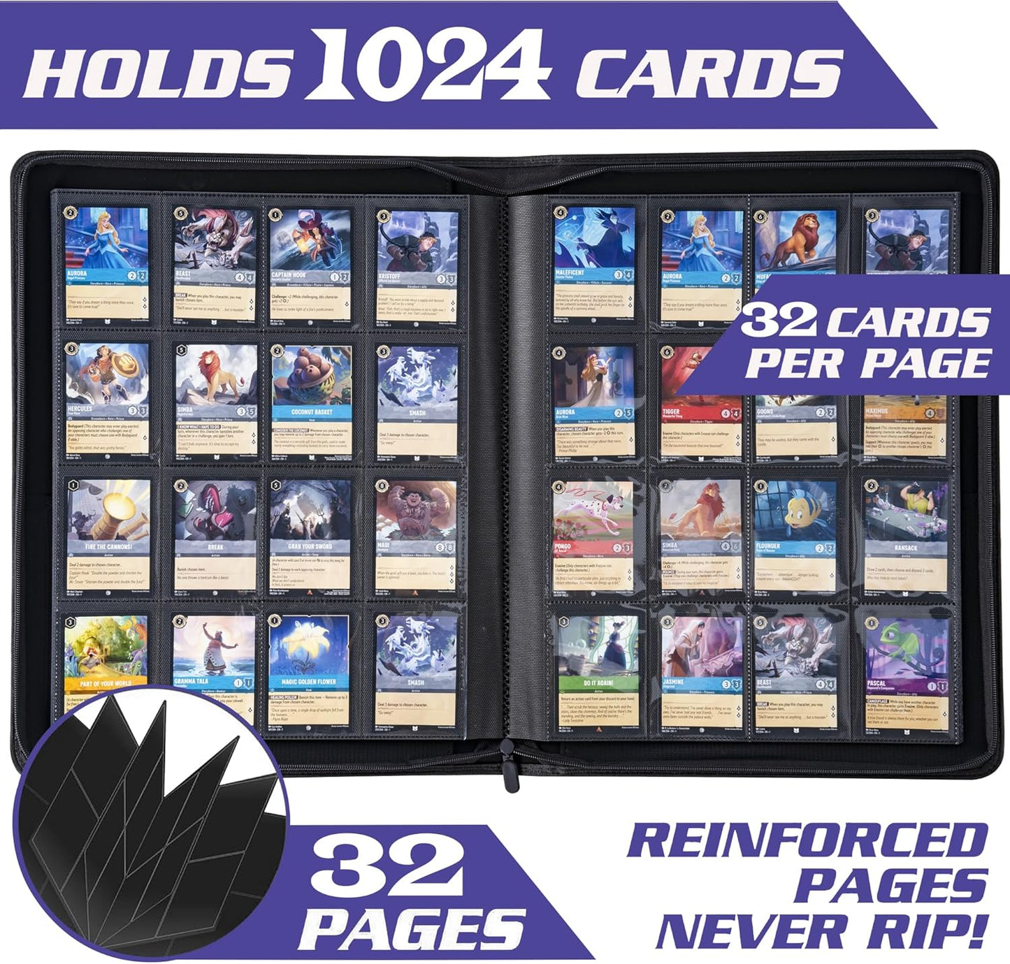 Skiennix Premium 16 Pocket Trading Card Album - Binder for 1024 Lorcana Cards, Tokens & Rules - Classic Purple