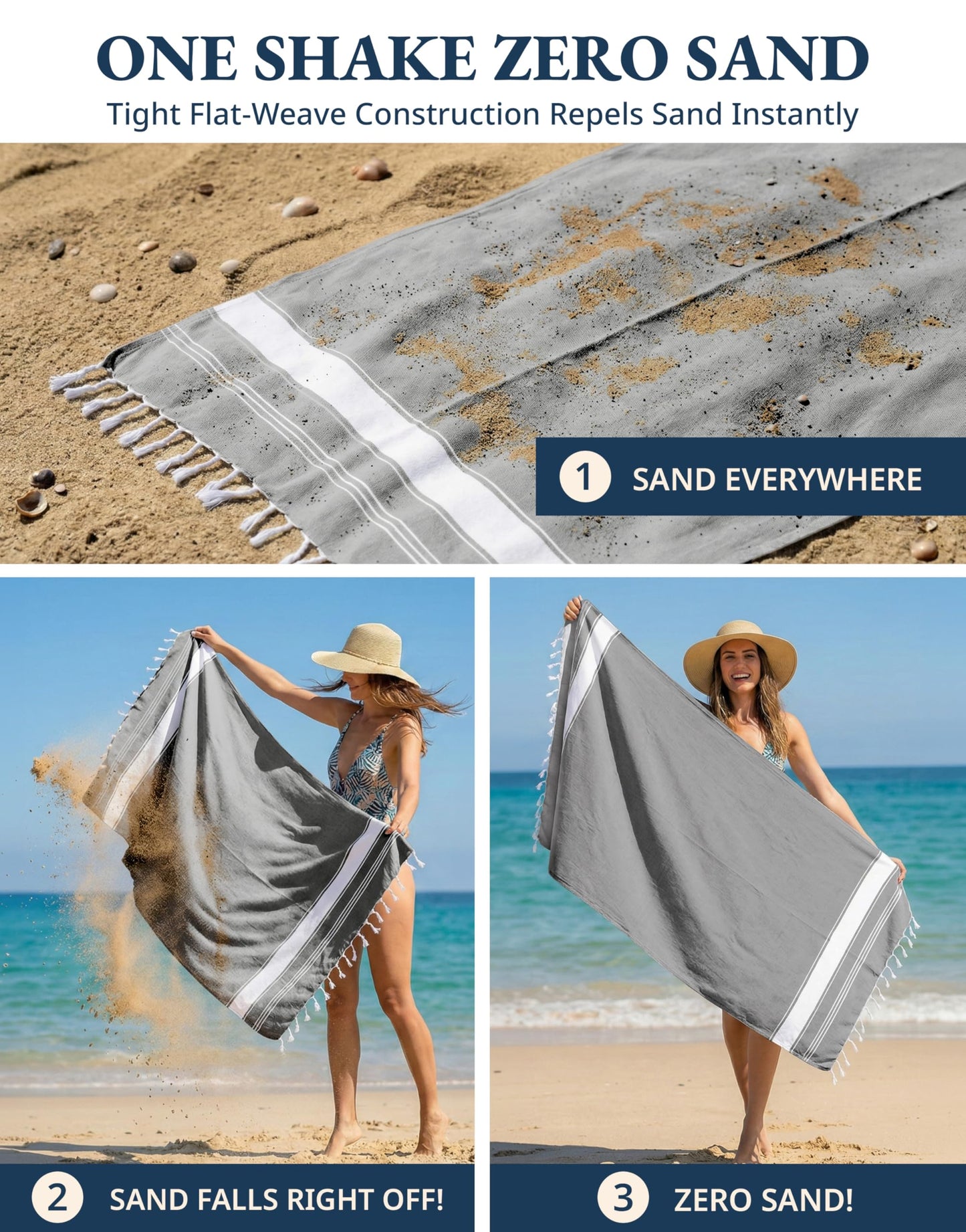 LANE LINEN Beach Towels 4 Pack Oversized - Turkish Towel Set, Pre-Washed Oversized Beach Towel, Quick Dry Beach Towels for Travel, Large Pool Towels, 39"x71" - Smoky Black