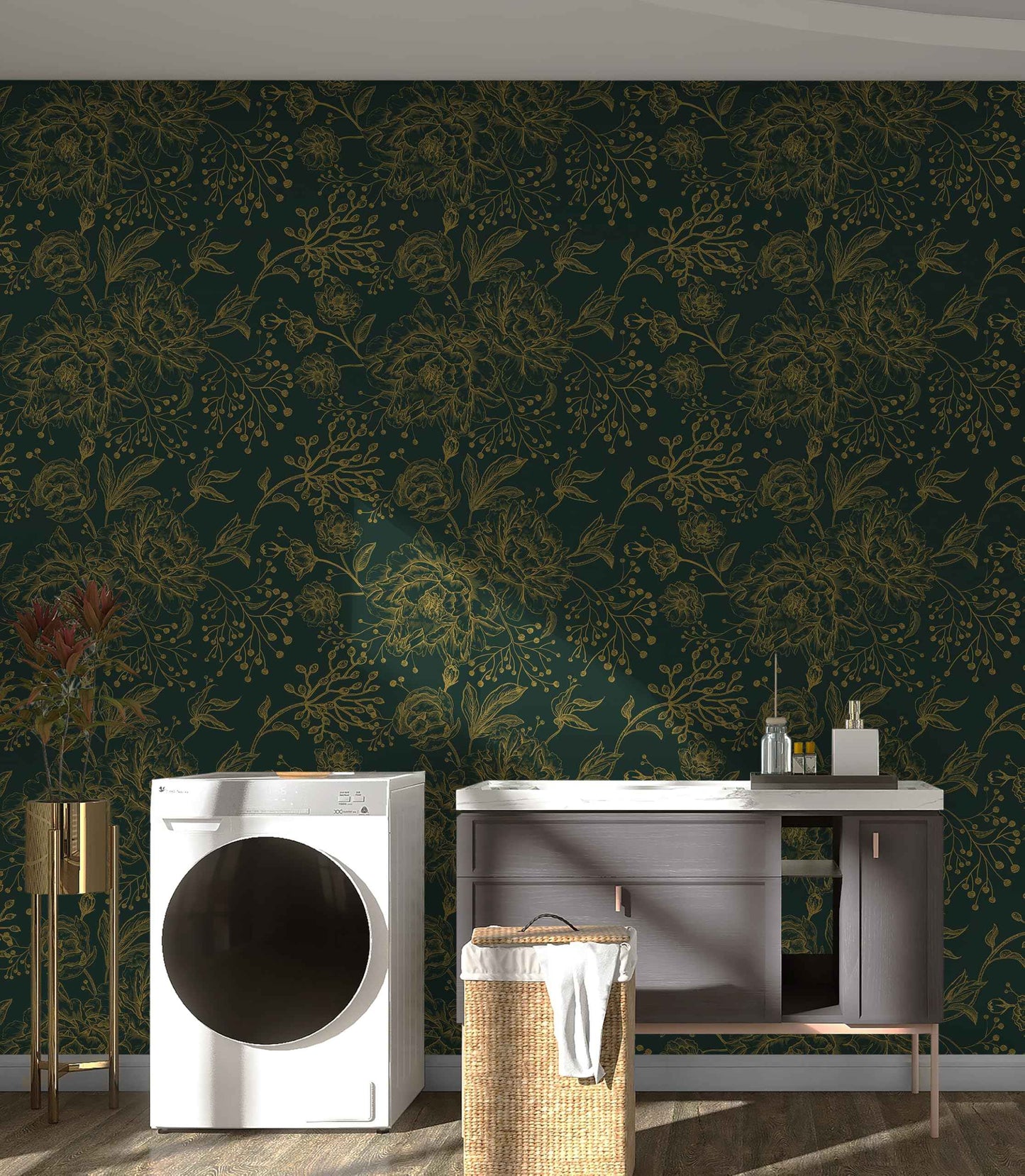 Safiyya Peel and Stick Wallpaper Boho Floral Contact Paper 196" x 17.3" Gold and Dark Green Wall Paper Modern Self Adhesive Removable Wallpaper for Bedroom Bathroom Vinyl Rolls