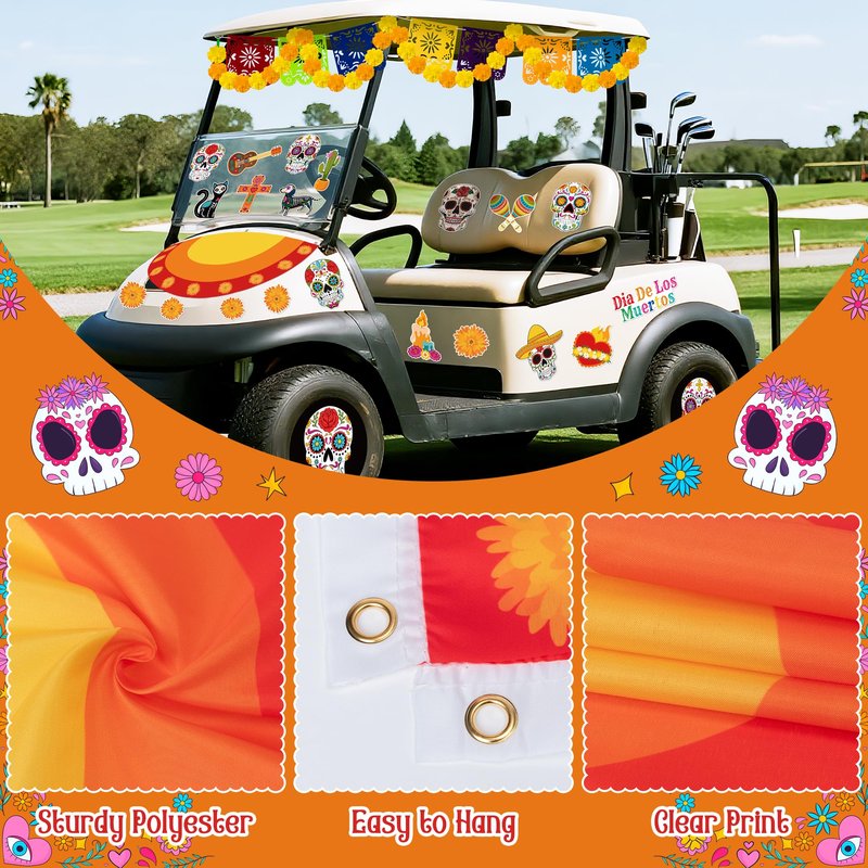 R HORSE 29Pcs Day of The Dead Golf Cart Decoration Kit, Mexican Party Banner Marigold Garland Burlap Bunting Flag Waterproof Sugar Skull Sticker Decor Dia De Los Muertos Party Supplies