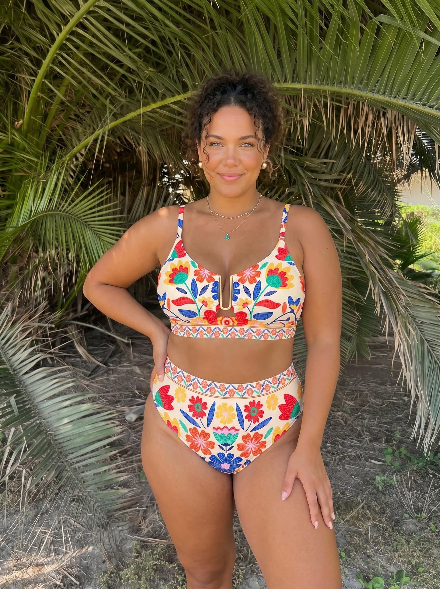 Herseas Women's 2 Piece High Waisted U Wire Cutout Bikini Sets Floral Print Swimsuits Crisscross Back Padded Push Up Bathing Suit Modest 2026 Summer Beach Cruise Essentials Orange Floral Medium