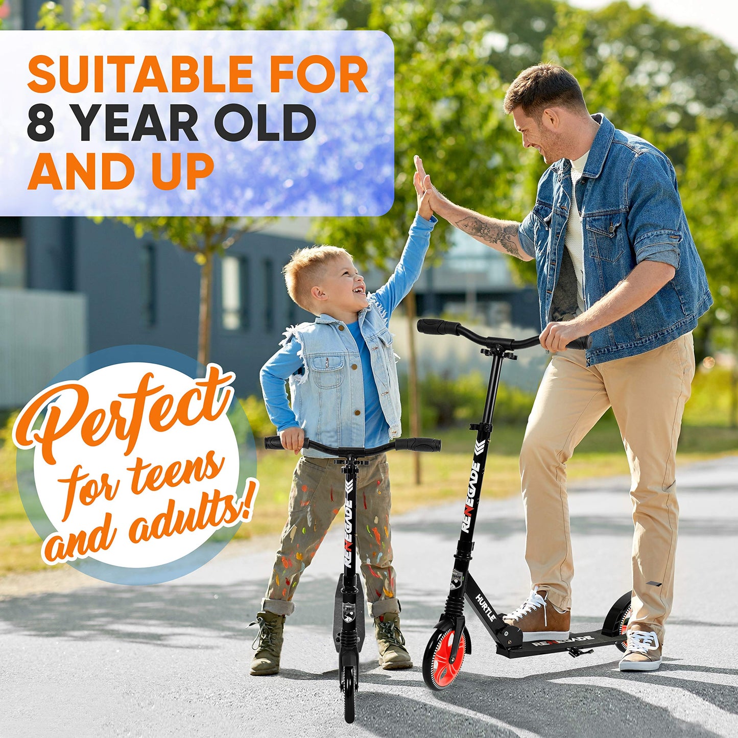 Hurtle Two Wheel Scooter for Teens, Smooth Gliding Kick Scooter for Adults w/ Adjustable Height for Ages 8+, Portable All Terrain Scooter w/ Carry Straps, Easy to Fold