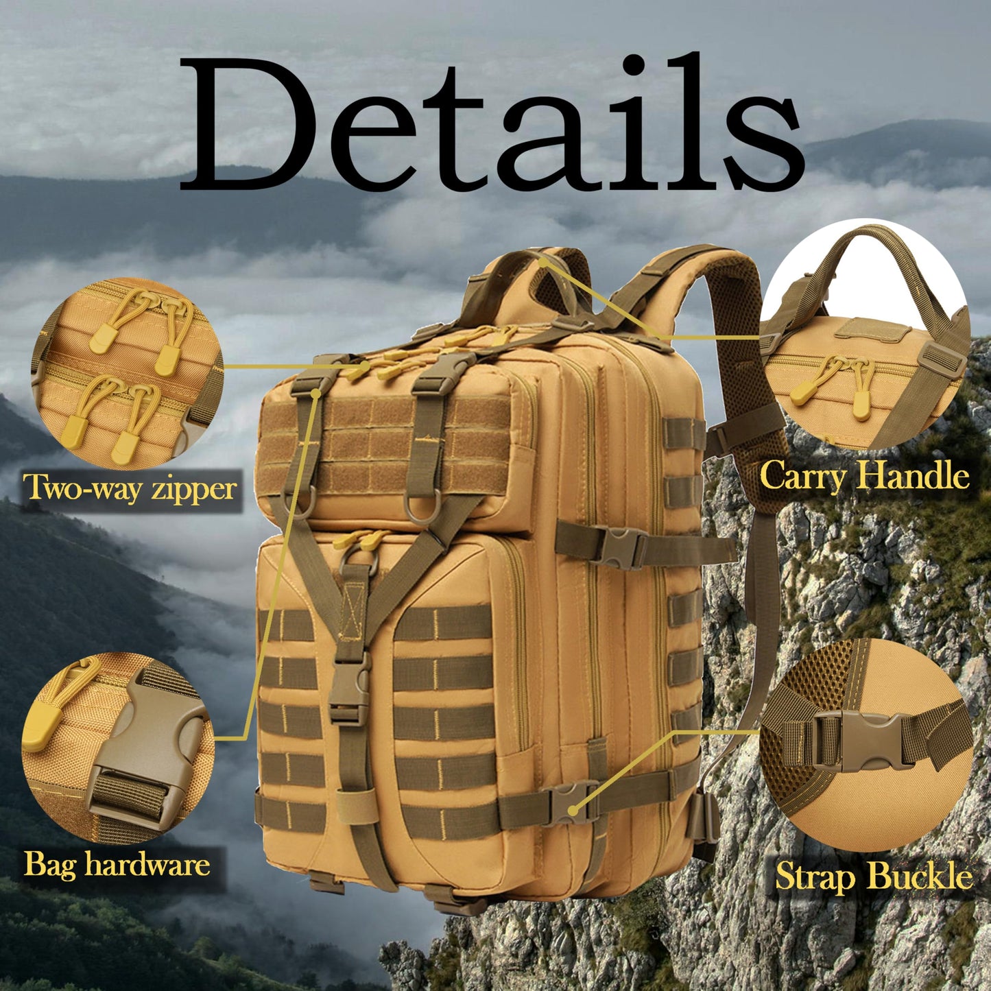 Outdoor Camping & Hiking Backpack – Large Capacity Rucksack for Trekking, Mountain Climbing (khaki)