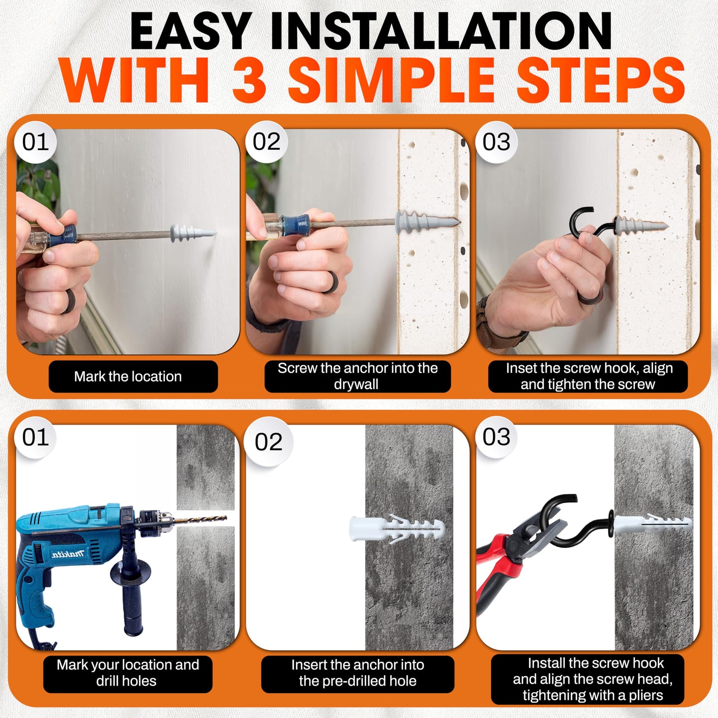 X-CUIRASS [Upgraded] 10 PCS Screw Hooks with Self-Drilling Drywall Anchors, Plastic Expansion Tubes Included, Heavy Duty Eye Hook, Screw in Hook for Hanging Plants, String Lights, Cup, Key