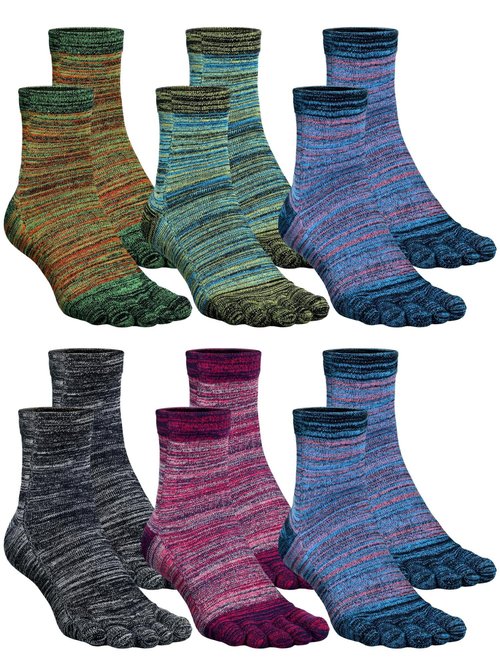 Fourluoo 6 Pairs Women Toe Socks Cotton Crew Breathable Socks with Toes for Women Men Athletic Running (Cute Color,8-11)
